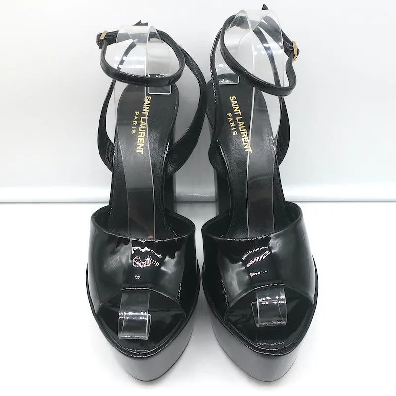 Saint Laurent Jodie Platform Ankle Strap Sandals Black Patent Leather Size 39
