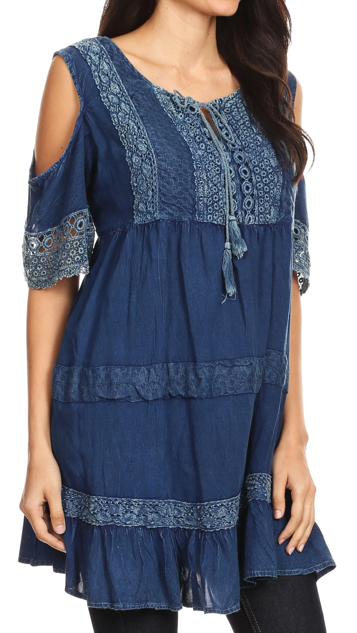 Sakkas Gerel Women's Cold Shoulder Summer Bohemian Swing Midi Dress with Ties Nice