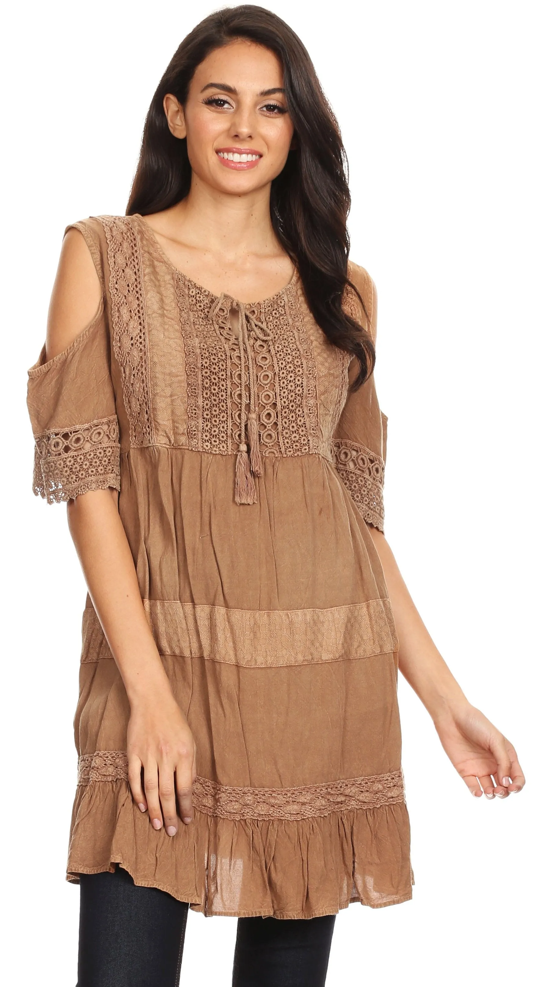 Sakkas Gerel Women's Cold Shoulder Summer Bohemian Swing Midi Dress with Ties Nice