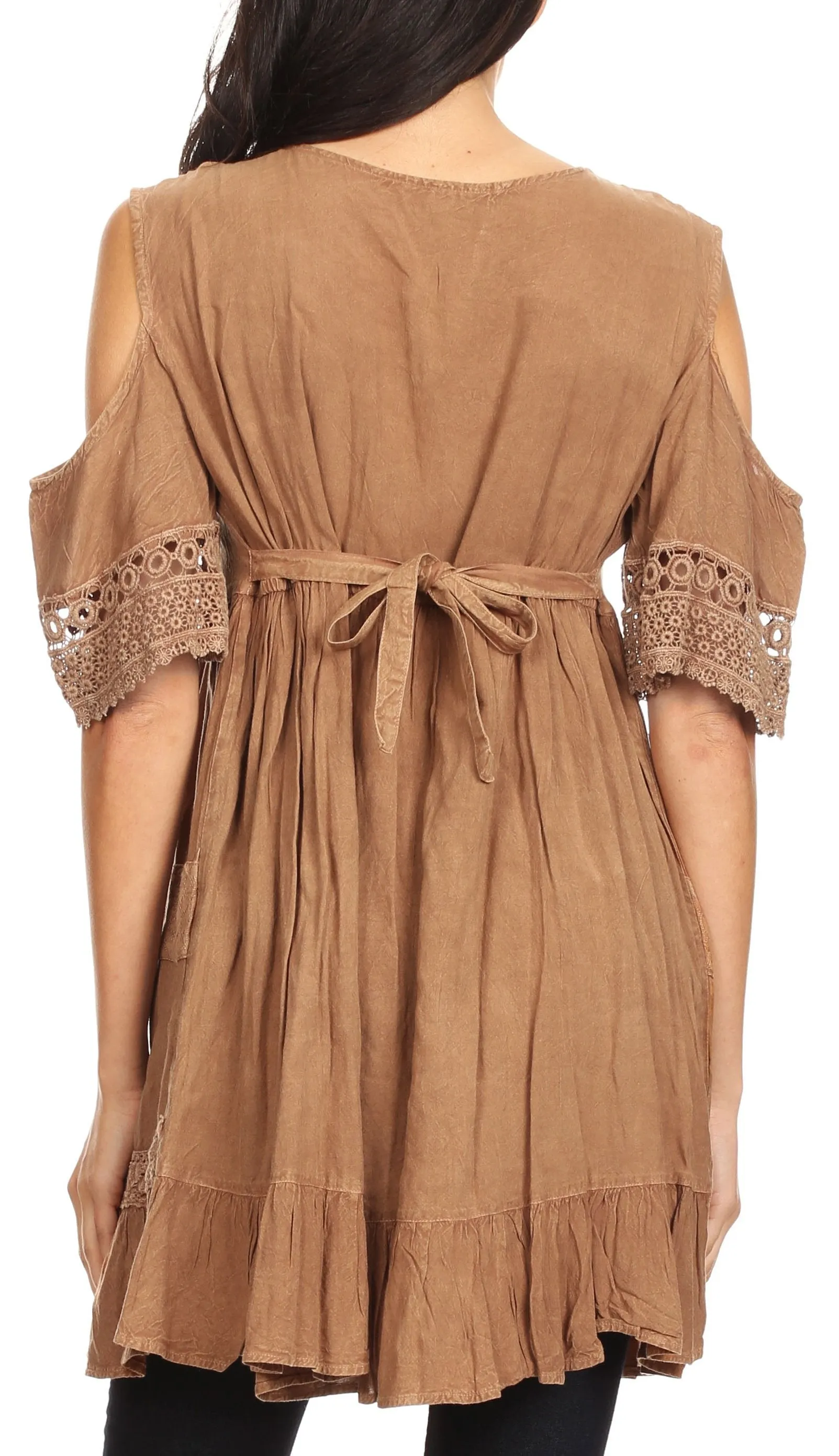 Sakkas Gerel Women's Cold Shoulder Summer Bohemian Swing Midi Dress with Ties Nice