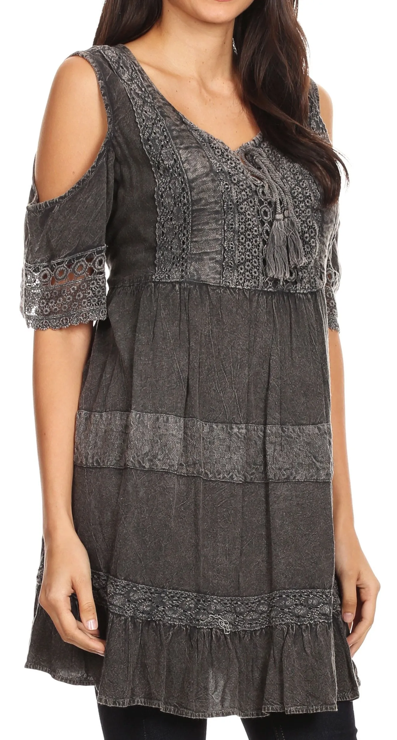 Sakkas Gerel Women's Cold Shoulder Summer Bohemian Swing Midi Dress with Ties Nice