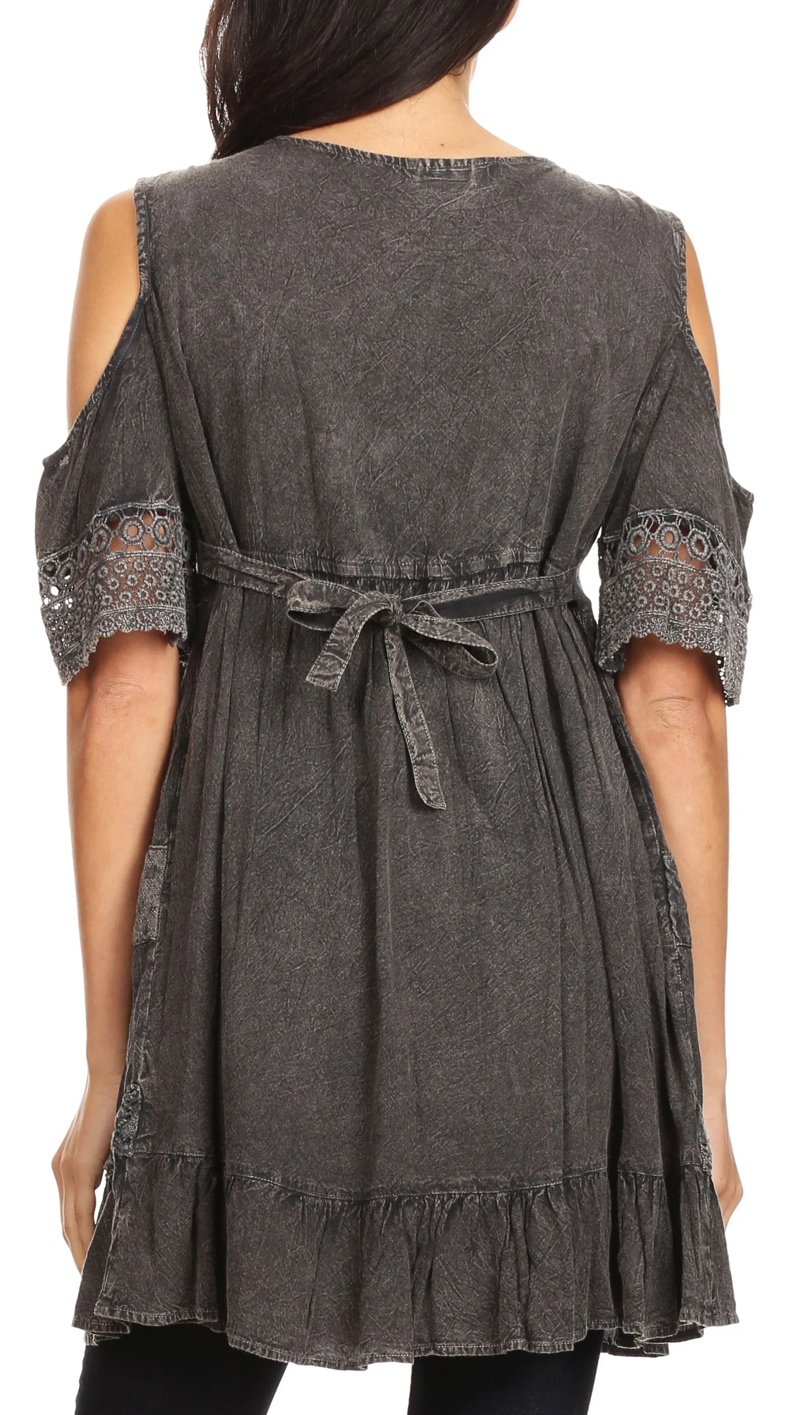 Sakkas Gerel Women's Cold Shoulder Summer Bohemian Swing Midi Dress with Ties Nice