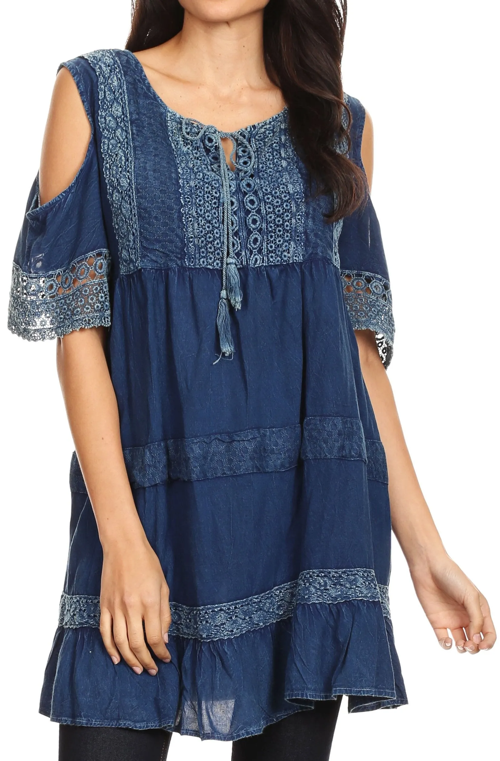 Sakkas Gerel Women's Cold Shoulder Summer Bohemian Swing Midi Dress with Ties Nice