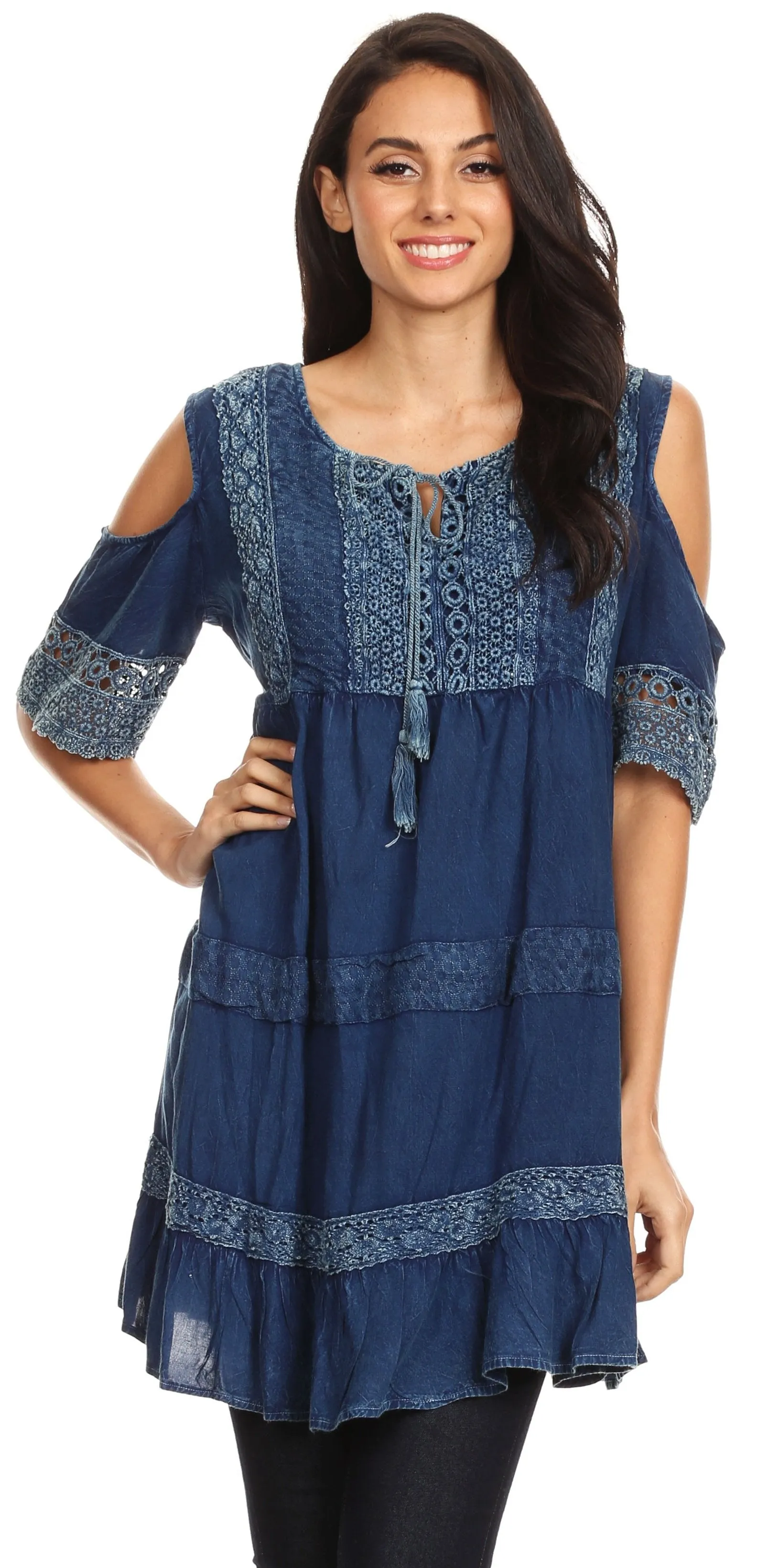 Sakkas Gerel Women's Cold Shoulder Summer Bohemian Swing Midi Dress with Ties Nice