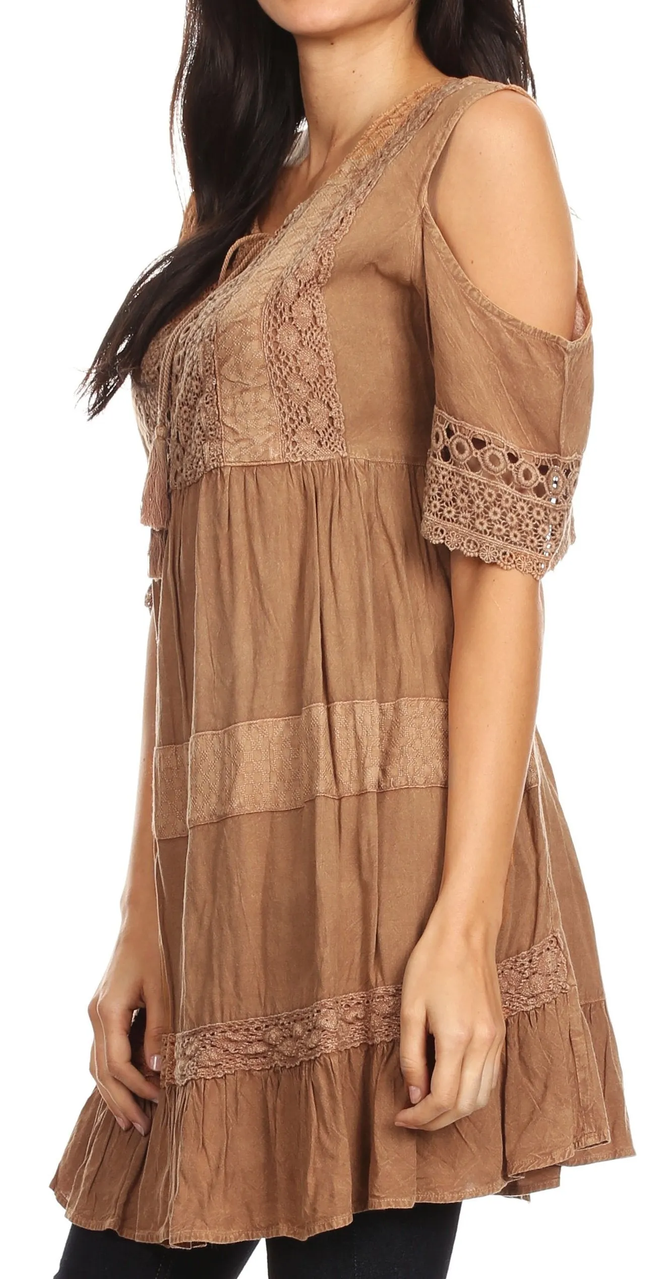 Sakkas Gerel Women's Cold Shoulder Summer Bohemian Swing Midi Dress with Ties Nice