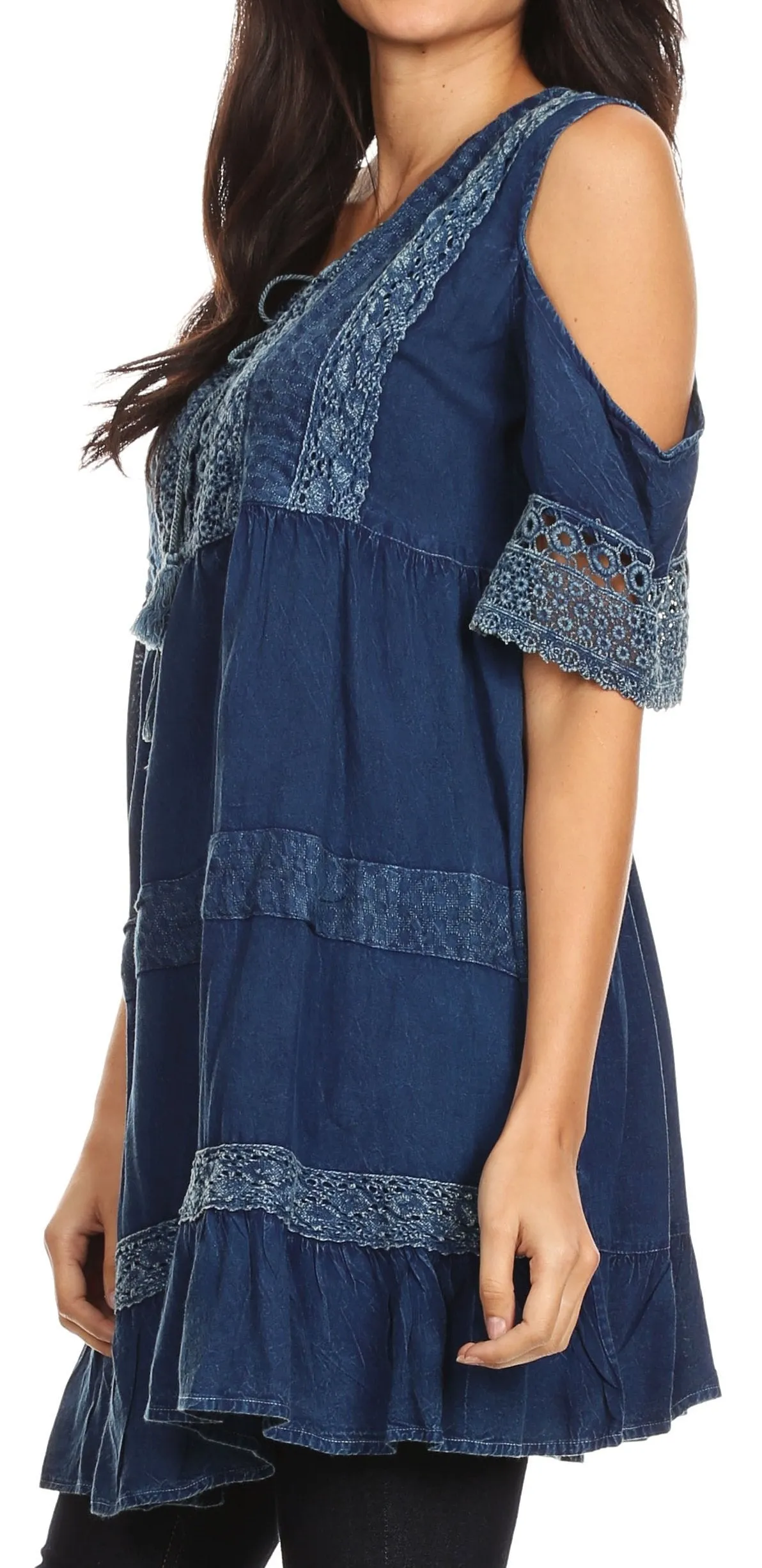 Sakkas Gerel Women's Cold Shoulder Summer Bohemian Swing Midi Dress with Ties Nice