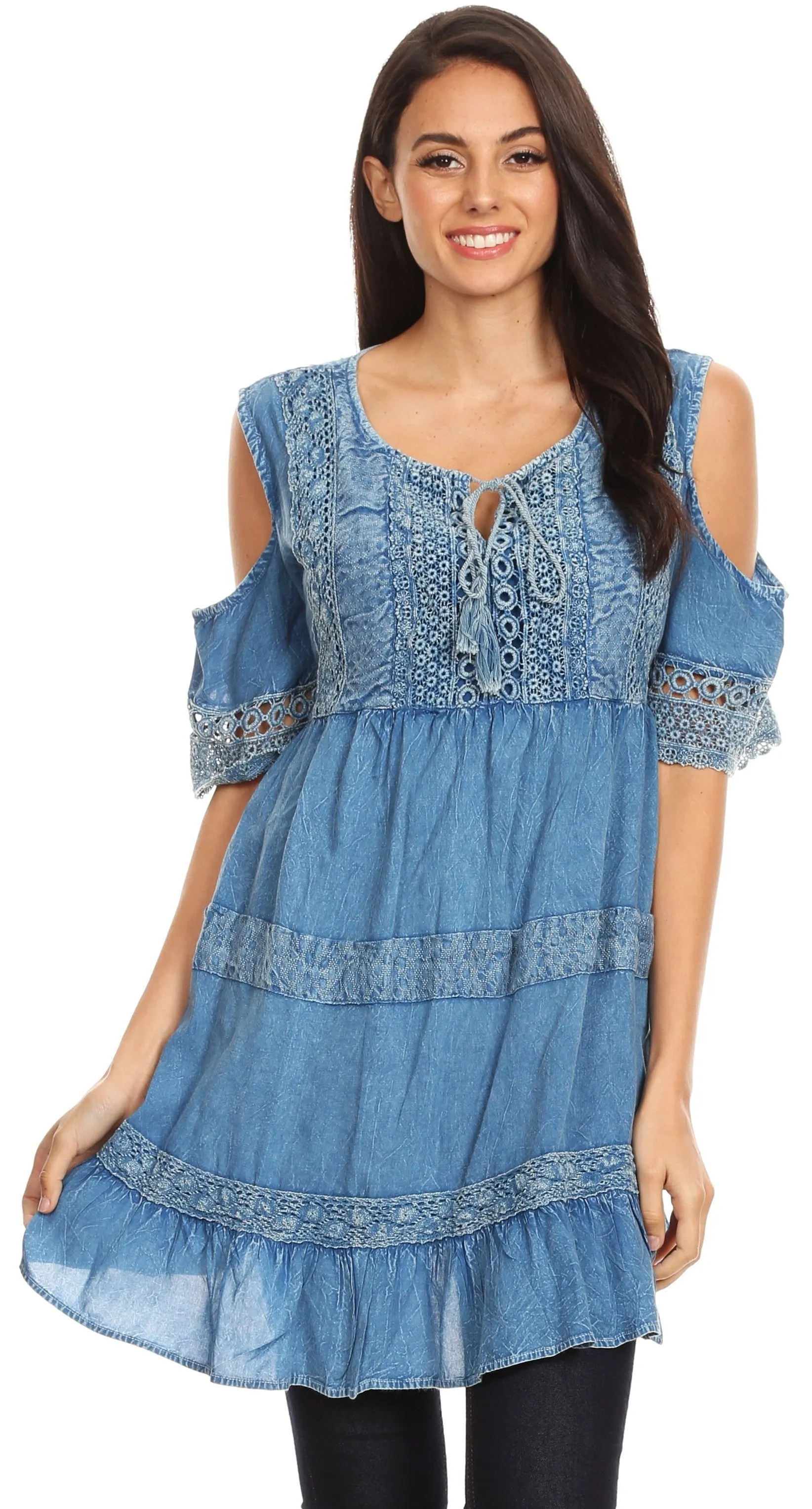 Sakkas Gerel Women's Cold Shoulder Summer Bohemian Swing Midi Dress with Ties Nice