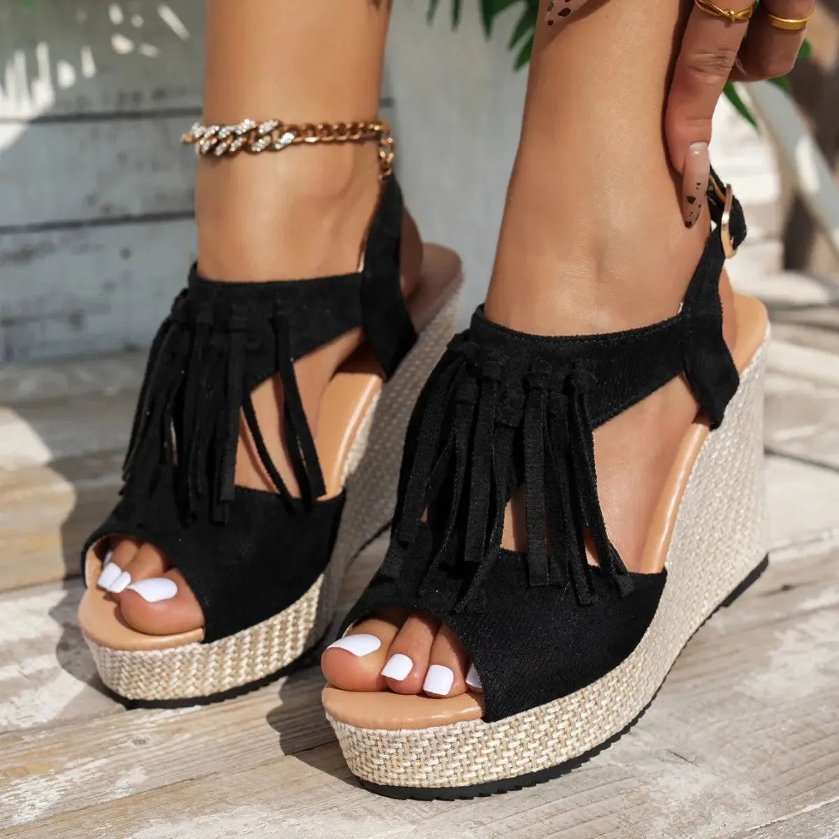'Saphira' Suede Peep Toe Wedges