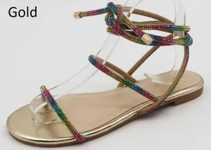 Sequined Lace Up Low Heel Sandal