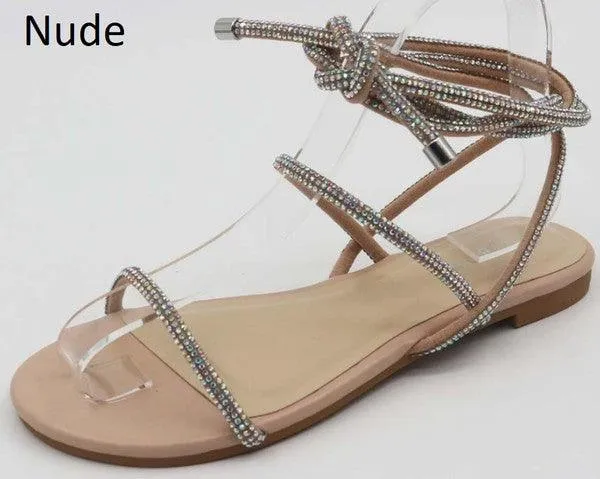 Sequined Lace Up Low Heel Sandal