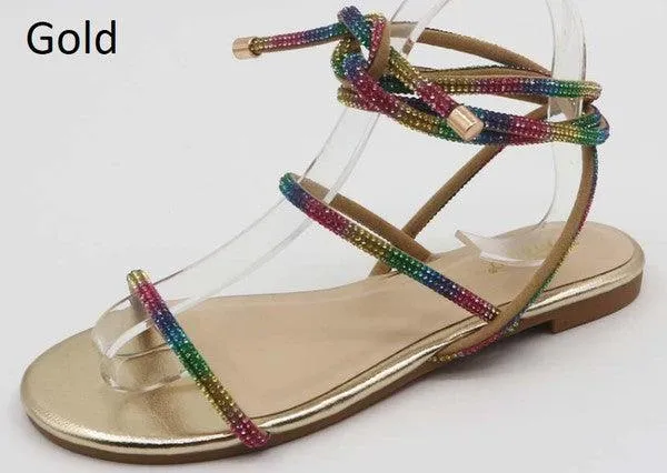 Sequined Lace Up Low Heel Sandal