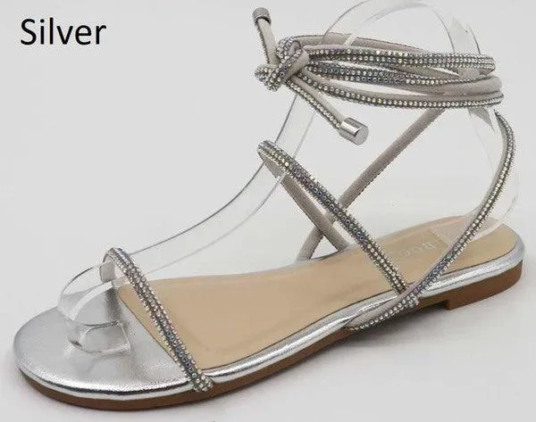 Sequined Lace Up Low Heel Sandal
