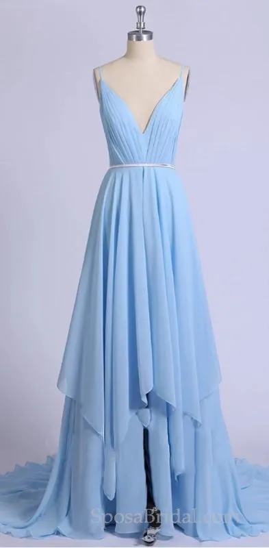 Sexy Baby Blue Spaghetti Strap Side-slit Backless Prom Dresses, PD0483