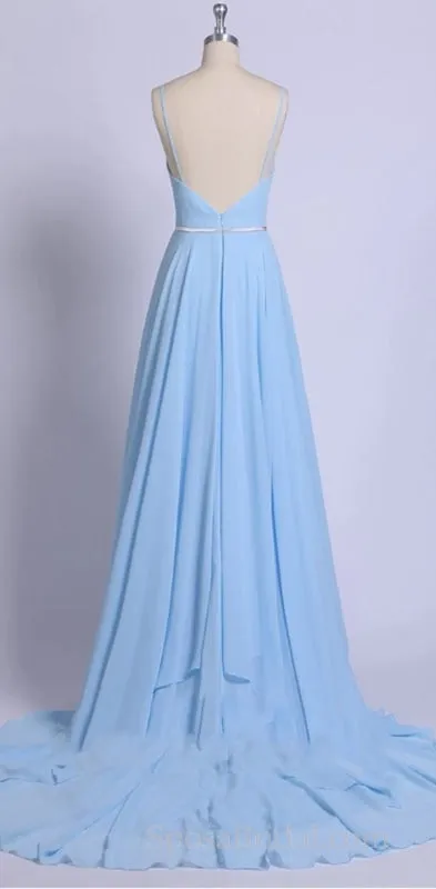 Sexy Baby Blue Spaghetti Strap Side-slit Backless Prom Dresses, PD0483
