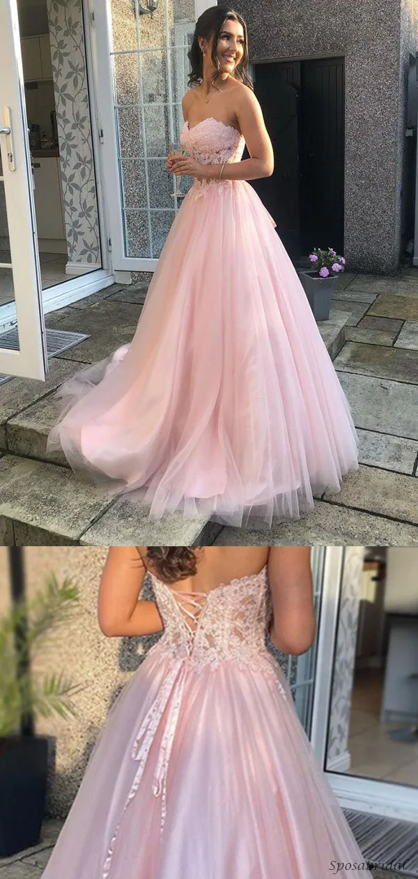 Sexy Blush Pink Sweetheart Strapless Lace Top Lace-up Back A-line Long Prom Dress, PD3299