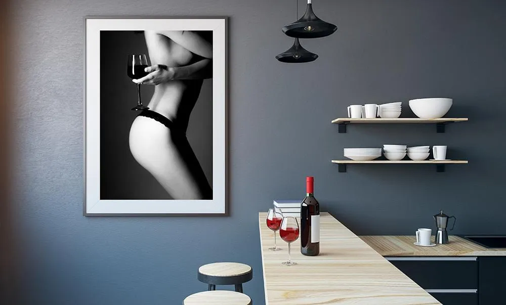 sexy female body bare breast lingerie holding glass of wine poster print