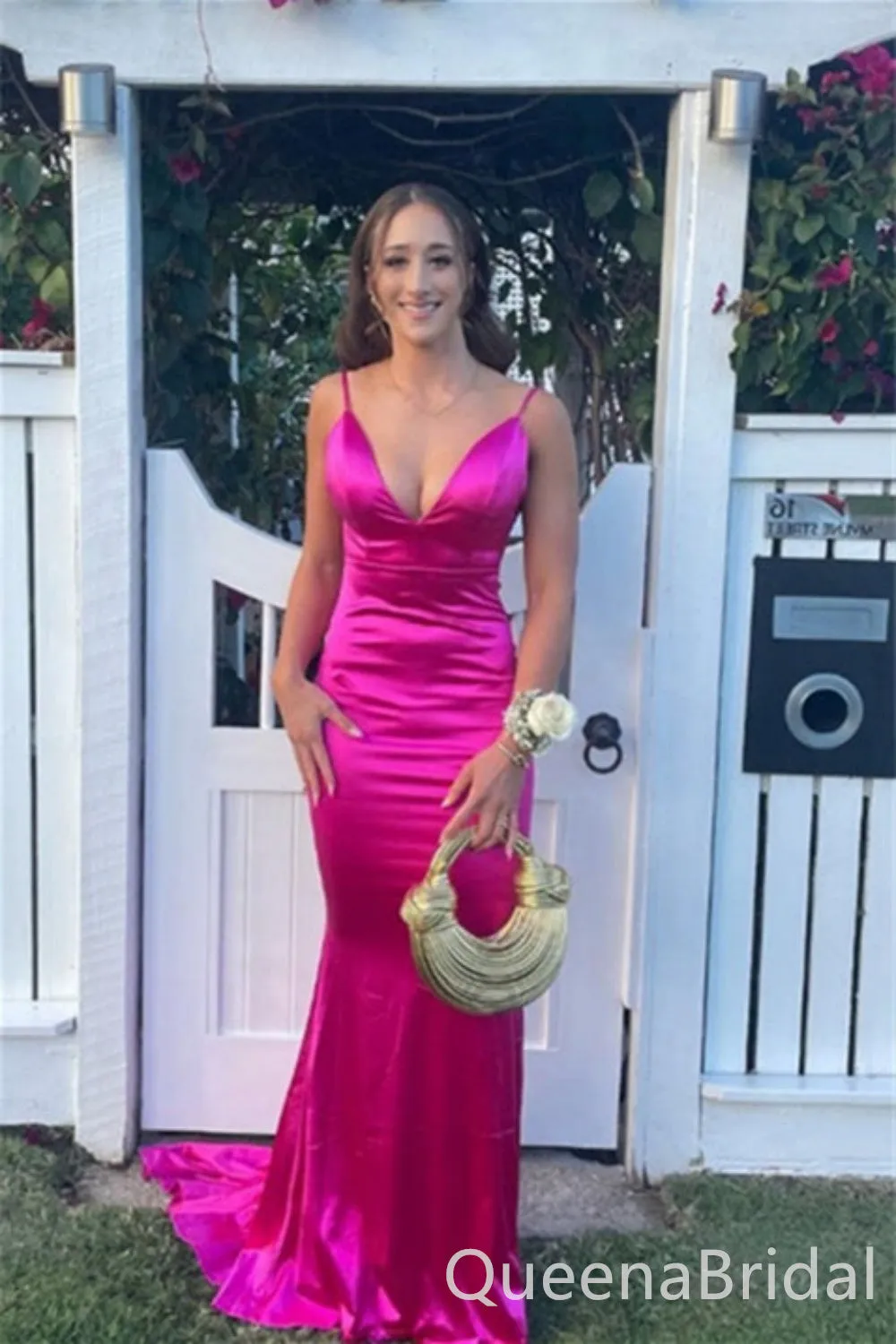 Sexy Fuchsia Spaghetti Straps V Neck Open Back Mermaid Long Party Dress Prom Dresses ,WGP1889