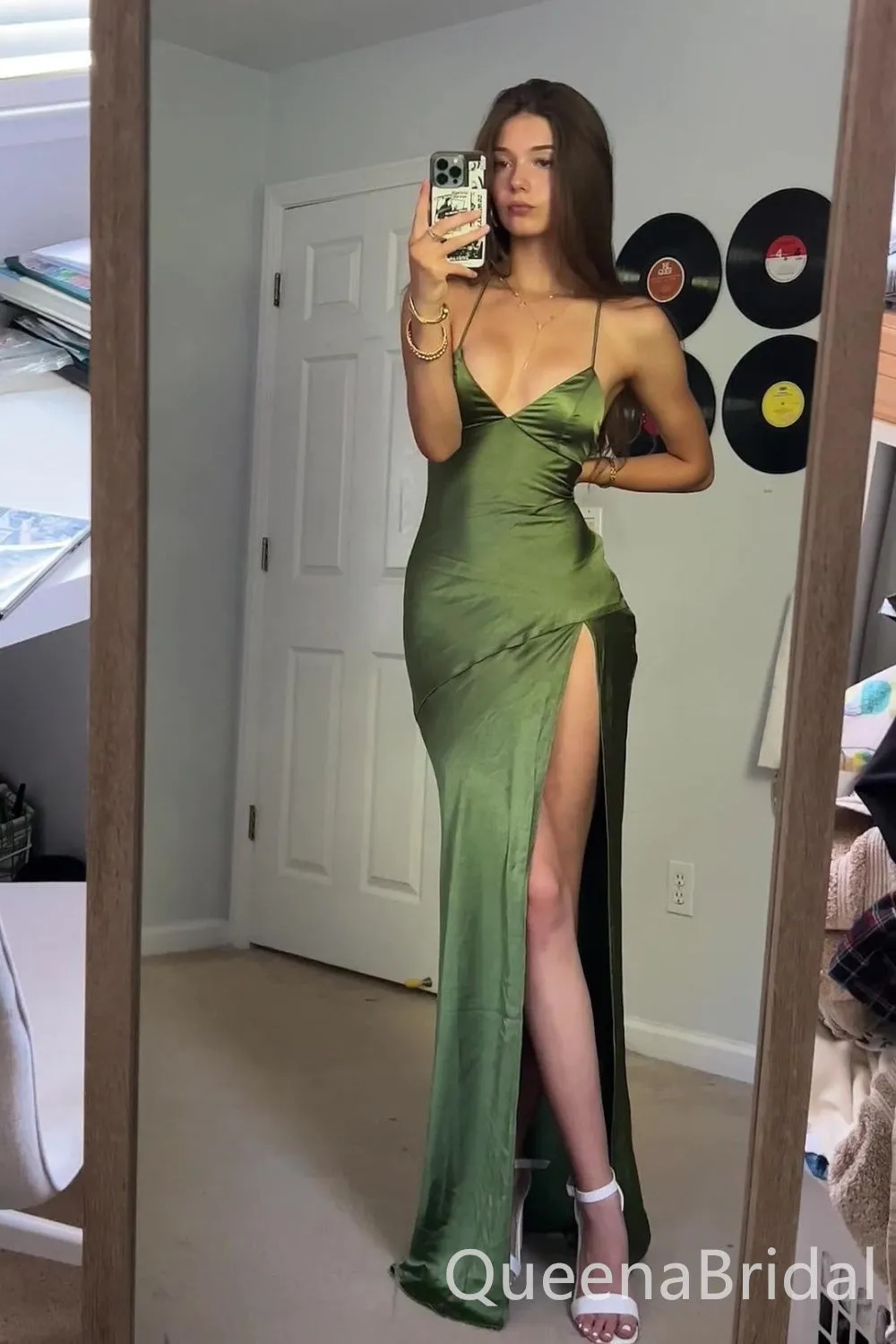 Sexy Spaghetti Straps V Neck Lace up Back Side Slit Mermaid Long Prom Dresses  ,WGP1587