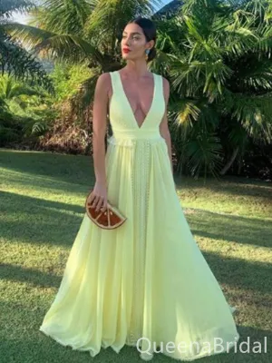 Sexy Yellow Plunging Chiffon A-line Long Party Dress Long Prom Dresses to Impress ,WGP1415
