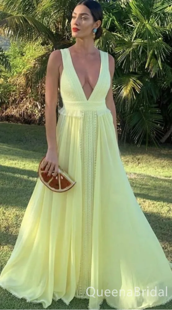 Sexy Yellow Plunging Chiffon A-line Long Party Dress Long Prom Dresses to Impress ,WGP1415