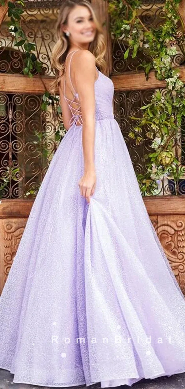 Shinny A-Line Spaghetti Straps Lilac Custom Long Prom Dresses,RBPD0001