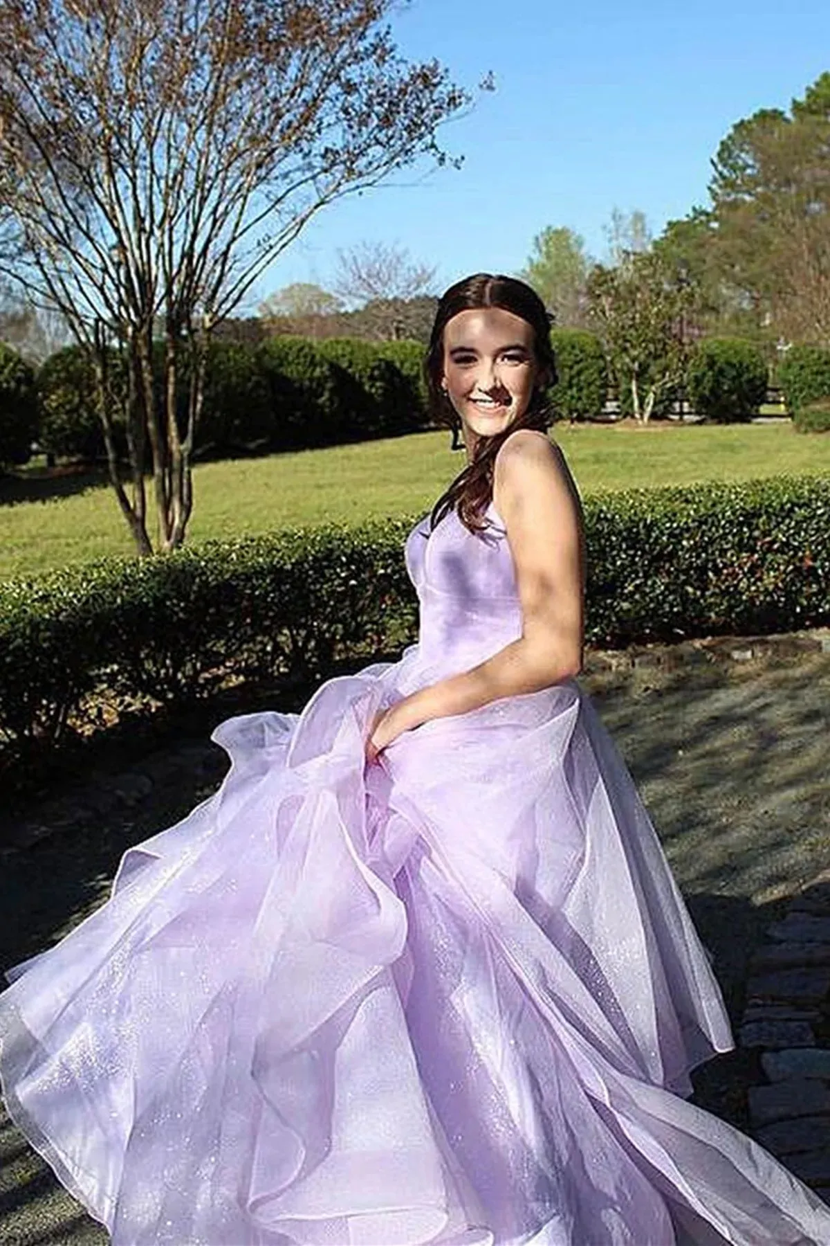 Shiny V Neck Lilac Backless Long Prom Dresses, Formal Evening Dresses OK1918