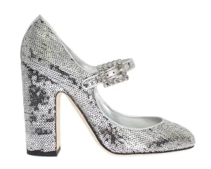 Silver Leather Sequined Mary Janes Shoes