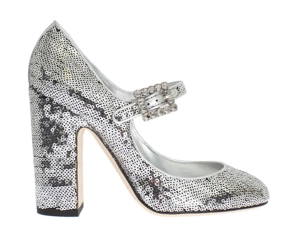 Silver Leather Sequined Mary Janes Shoes