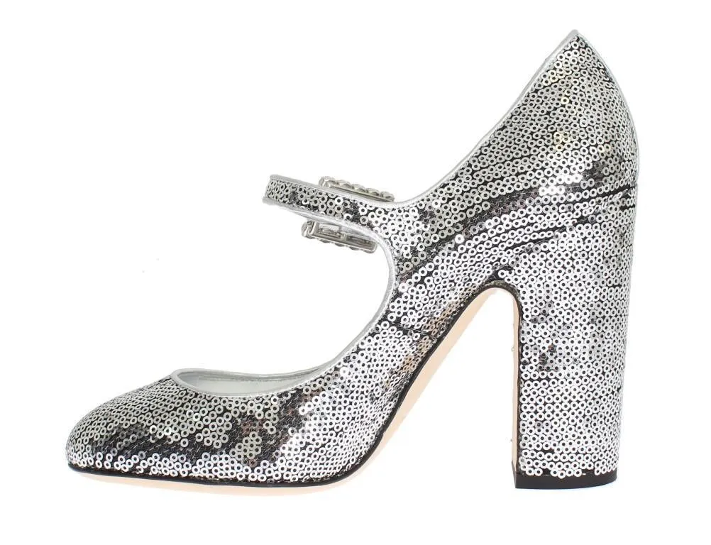 Silver Leather Sequined Mary Janes Shoes
