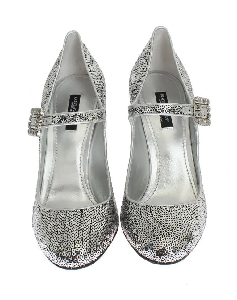Silver Leather Sequined Mary Janes Shoes