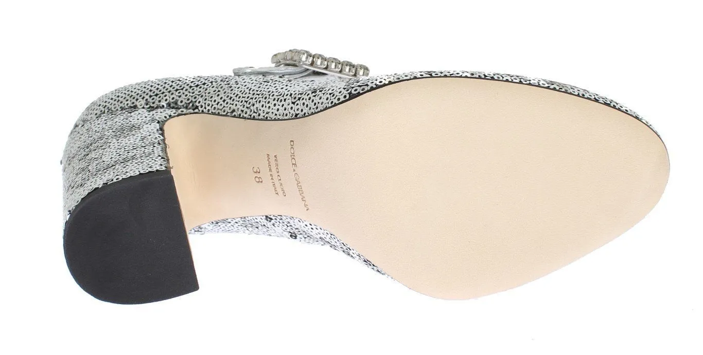 Silver Leather Sequined Mary Janes Shoes