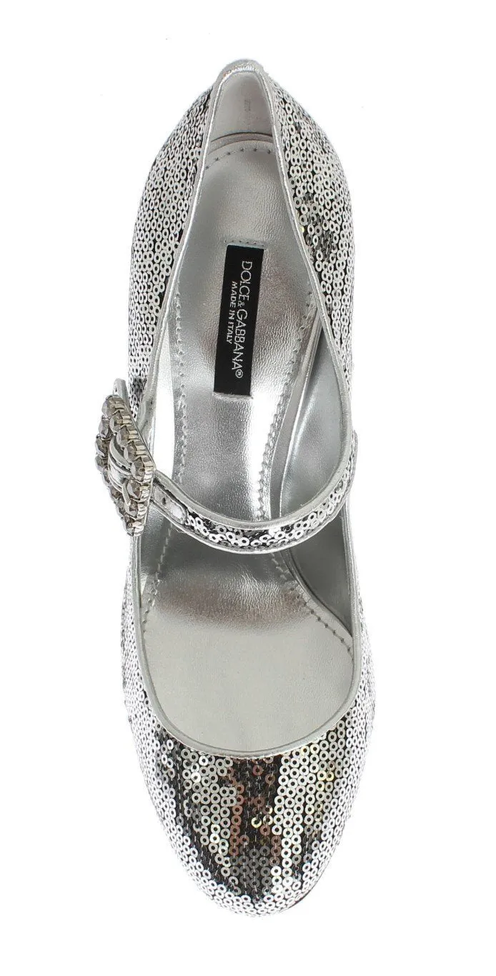 Silver Leather Sequined Mary Janes Shoes