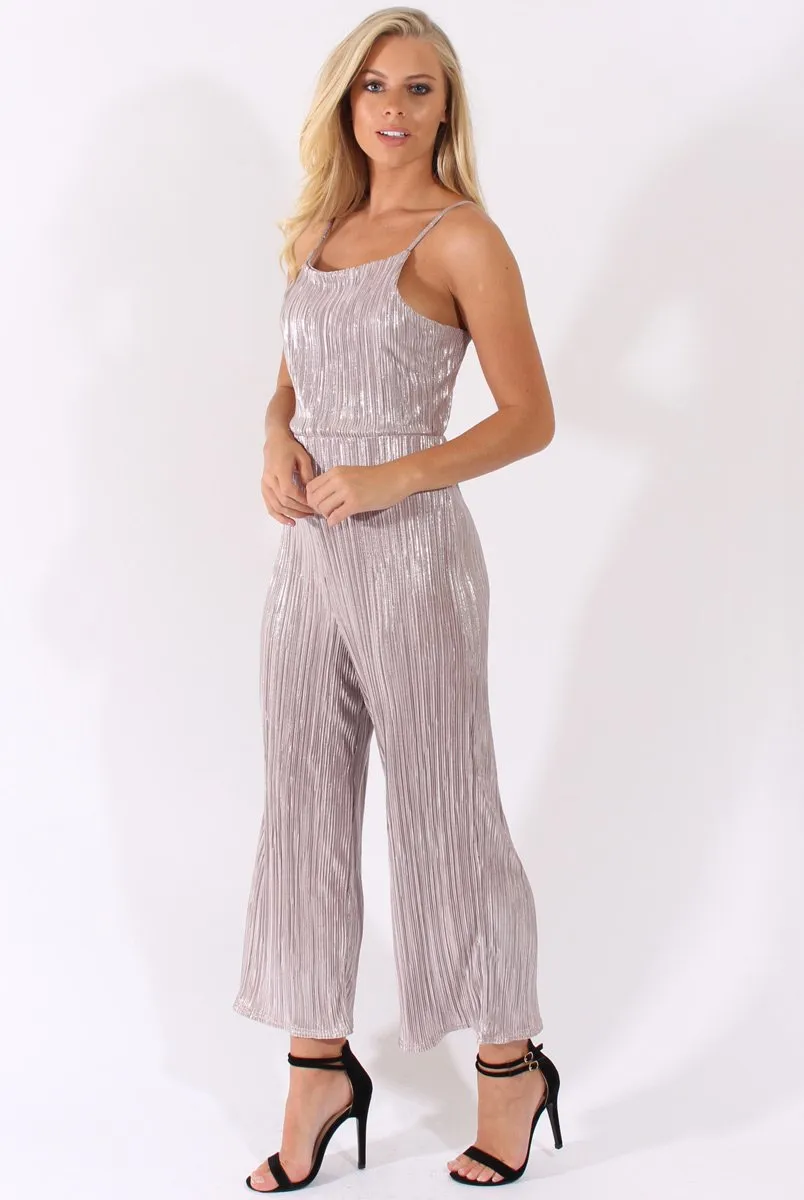 Silver Metallic Pleated Cropped Jumpsuit - Arabella