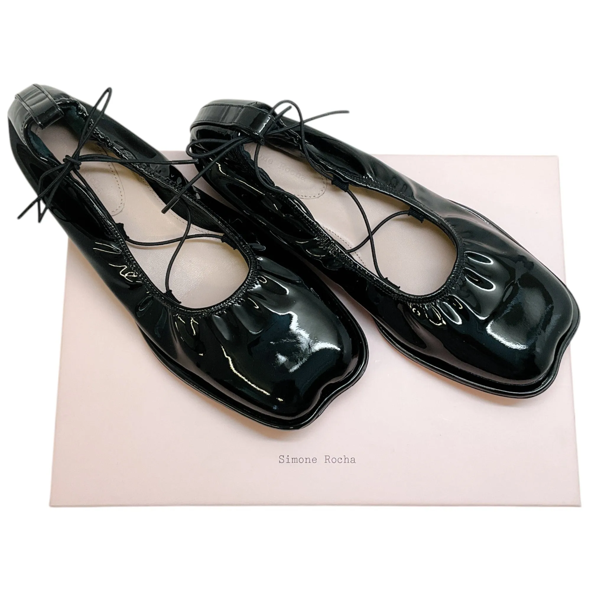 Simone Rocha Black Patent Leather Lace Up Heart Toe Ballet Flats