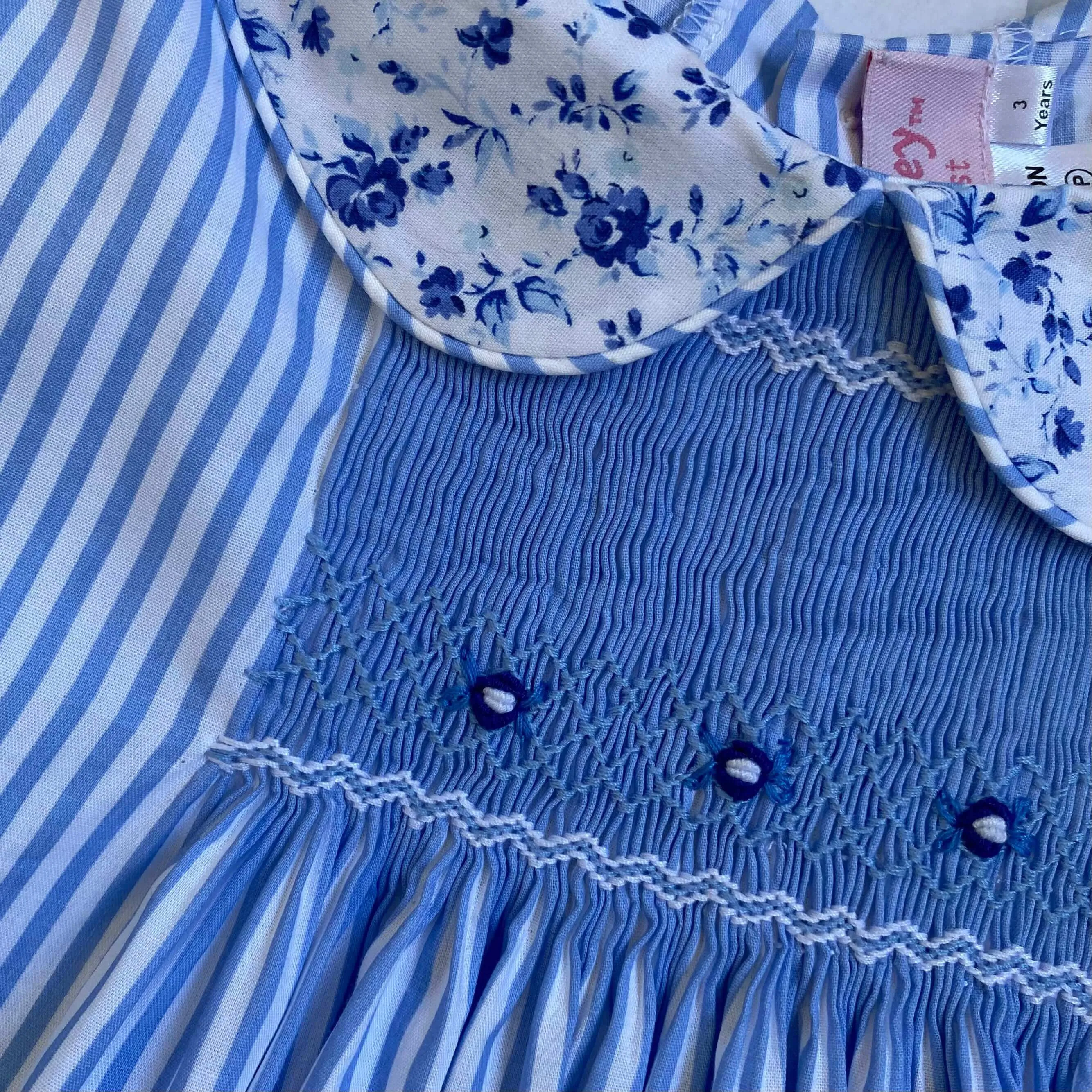 Smocked Blue Floral Stripe Dress