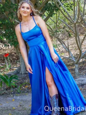 Spaghetti Straps Blue A-line Straight Neck Evening Gown Maxi Long Evening Party Prom Dresses with Slit,WGP1031
