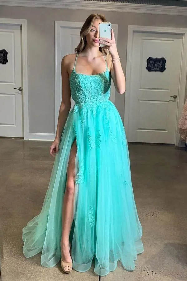 Spaghetti Straps High Slit Evening Dress Appliqued Sweep Train Long Prom Dress TP0967