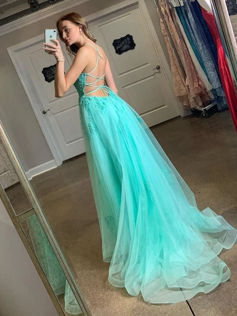 Spaghetti Straps High Slit Evening Dress Appliqued Sweep Train Long Prom Dress TP0967