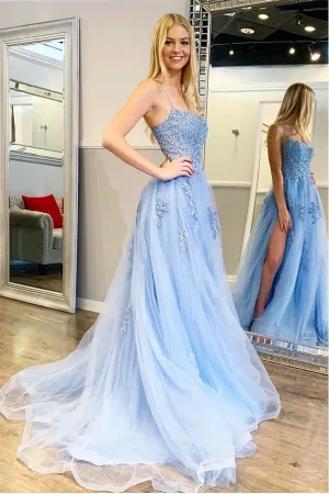Spaghetti Straps High Slit Evening Dress Appliqued Sweep Train Long Prom Dress TP0967