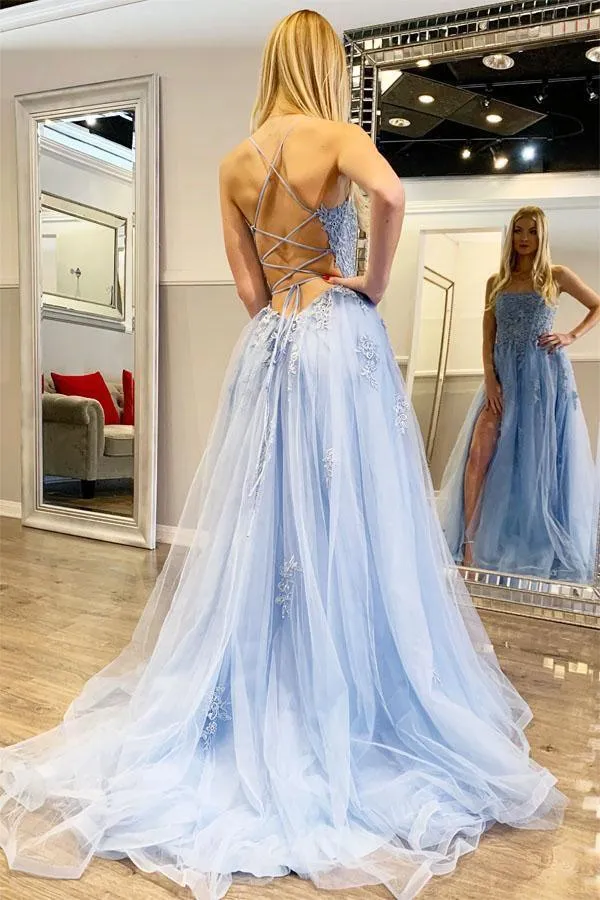 Spaghetti Straps High Slit Evening Dress Appliqued Sweep Train Long Prom Dress TP0967