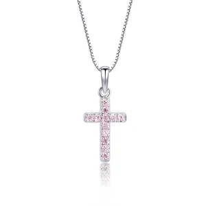Sterling Silver Child's Pink CZ Cross Necklace