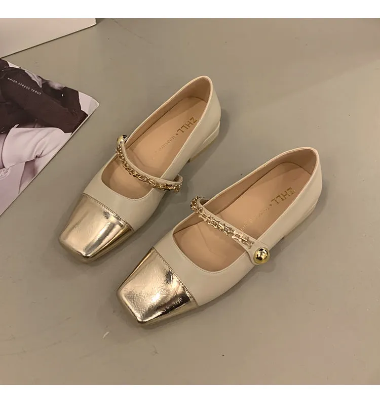Stitched Shallow Mouth Mary Jane Shoes Thick Heel Square Toe Women's Shoes