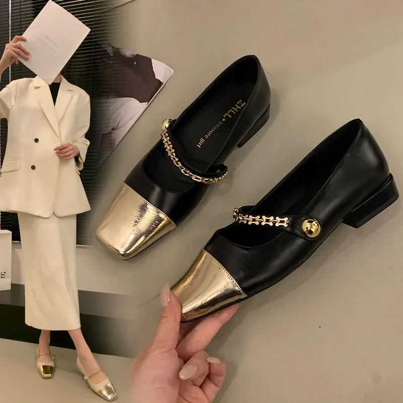 Stitched Shallow Mouth Mary Jane Shoes Thick Heel Square Toe Women's Shoes