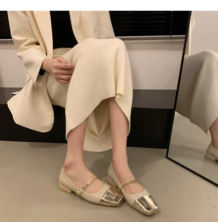 Stitched Shallow Mouth Mary Jane Shoes Thick Heel Square Toe Women's Shoes