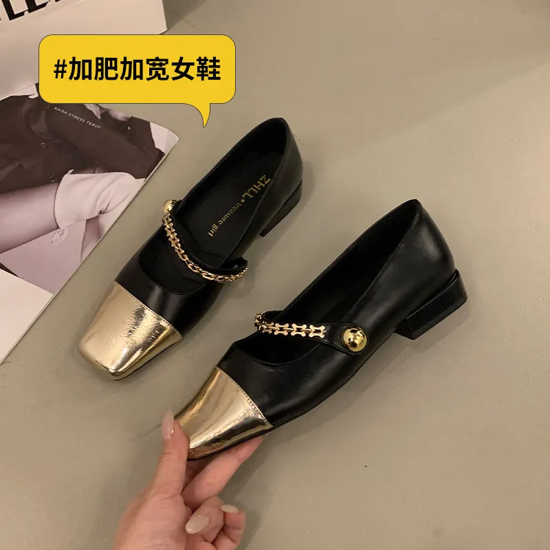 Stitched Shallow Mouth Mary Jane Shoes Thick Heel Square Toe Women's Shoes