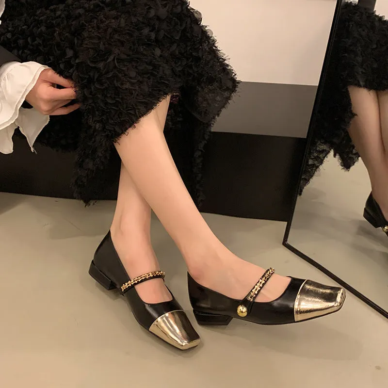 Stitched Shallow Mouth Mary Jane Shoes Thick Heel Square Toe Women's Shoes