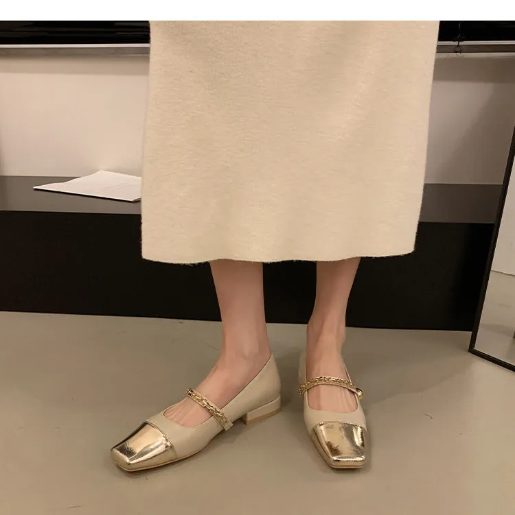Stitched Shallow Mouth Mary Jane Shoes Thick Heel Square Toe Women's Shoes