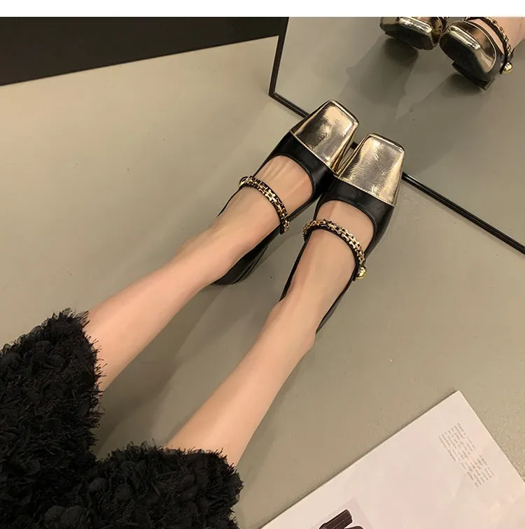 Stitched Shallow Mouth Mary Jane Shoes Thick Heel Square Toe Women's Shoes
