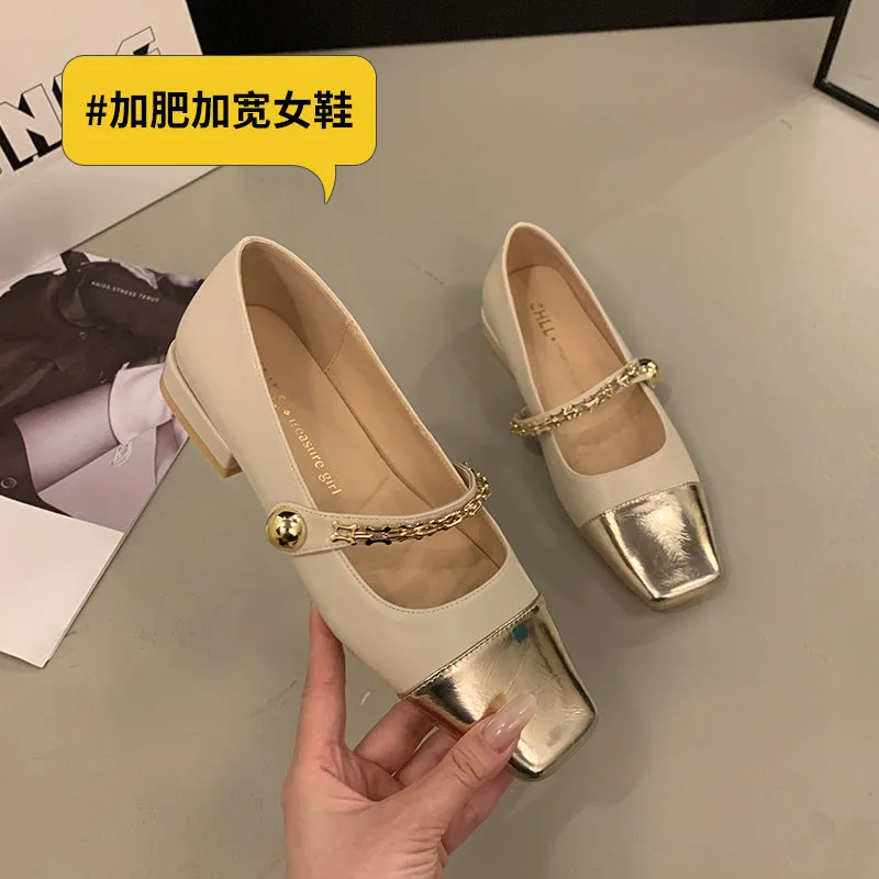 Stitched Shallow Mouth Mary Jane Shoes Thick Heel Square Toe Women's Shoes