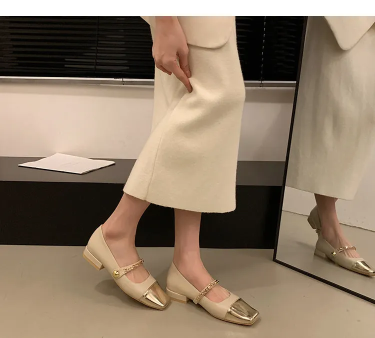 Stitched Shallow Mouth Mary Jane Shoes Thick Heel Square Toe Women's Shoes
